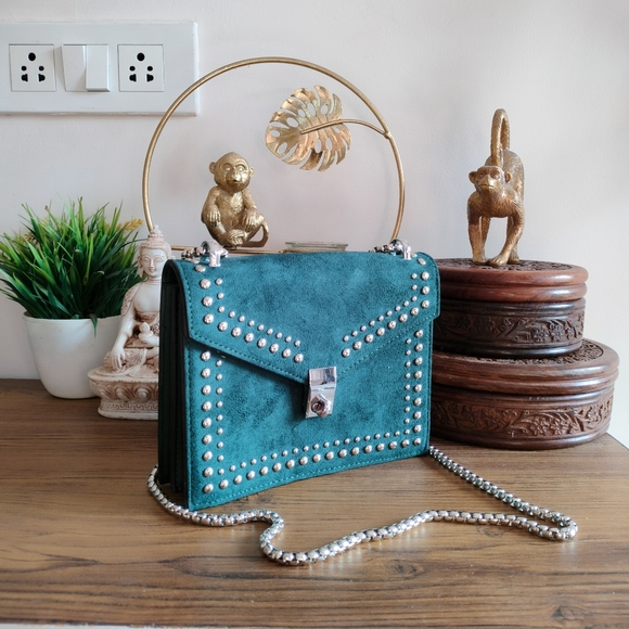 Teal Faux Suede Stud Sling Bag - Picture 3 of 16